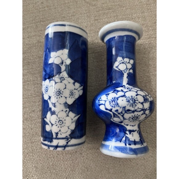 Set Of 2 Chinese Blue and White Cherry Blossom Vase 4 inches Grand Millennial - Picture 1 of 6